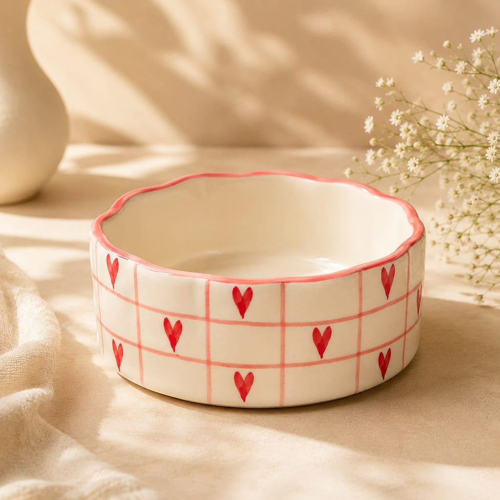 OCEAN STORE Ceramic Bowl with Red Heart Grid Pattern 250ml | Wavy Rim Cute Serving Bowl for Breakfast, Cereal, Salad, Fruits | Microwave & Oven Safe (Set of 2)