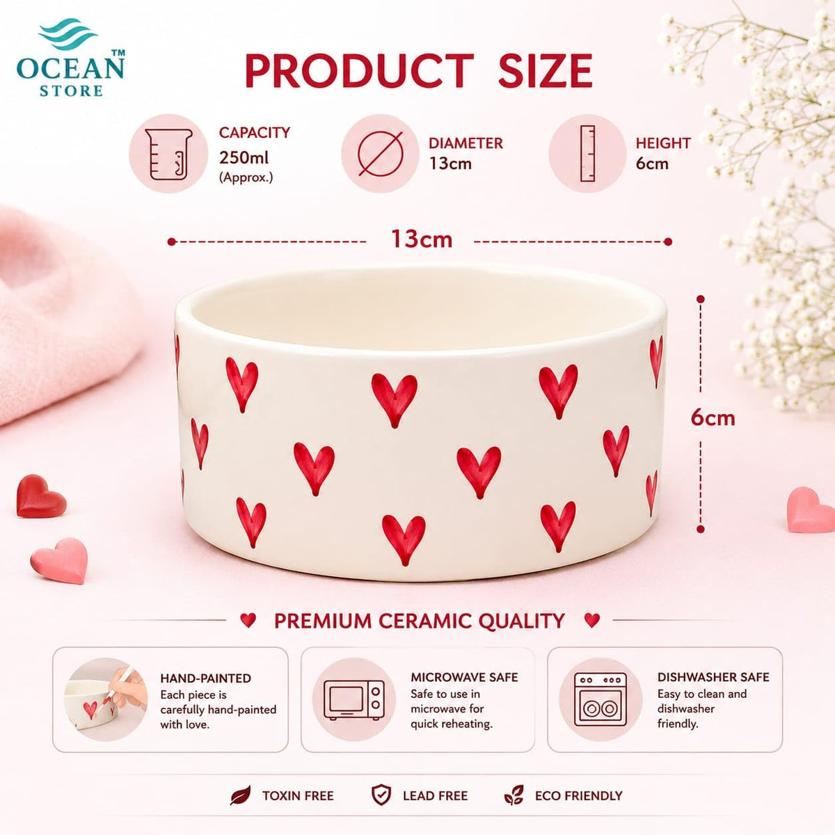 OCEAN STORE Ceramic Bowl with Hand-Painted Red Hearts, 250ml, Microwave & Dishwasher Safe, for Snacks, Fruits, Desserts (Set of 1)