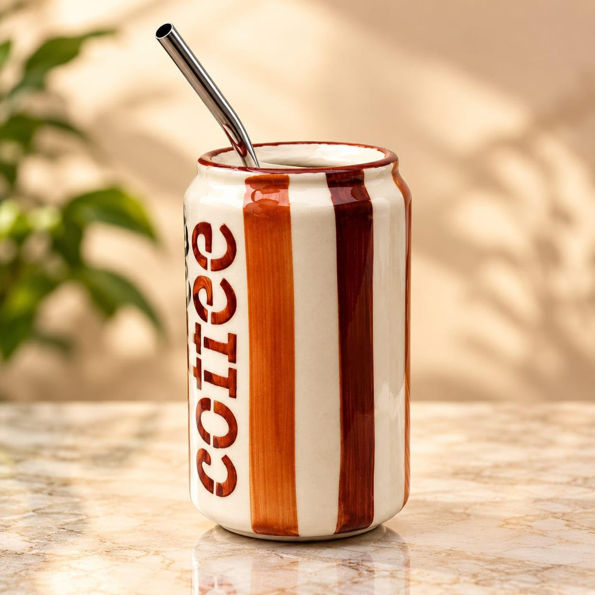 OCEAN STORE Ceramic Can Shaped Sipper with Reusable Metal Straw, 350 ml, Cold Coffee Print, Striped Tumbler for Iced Drinks, Cream and Brown