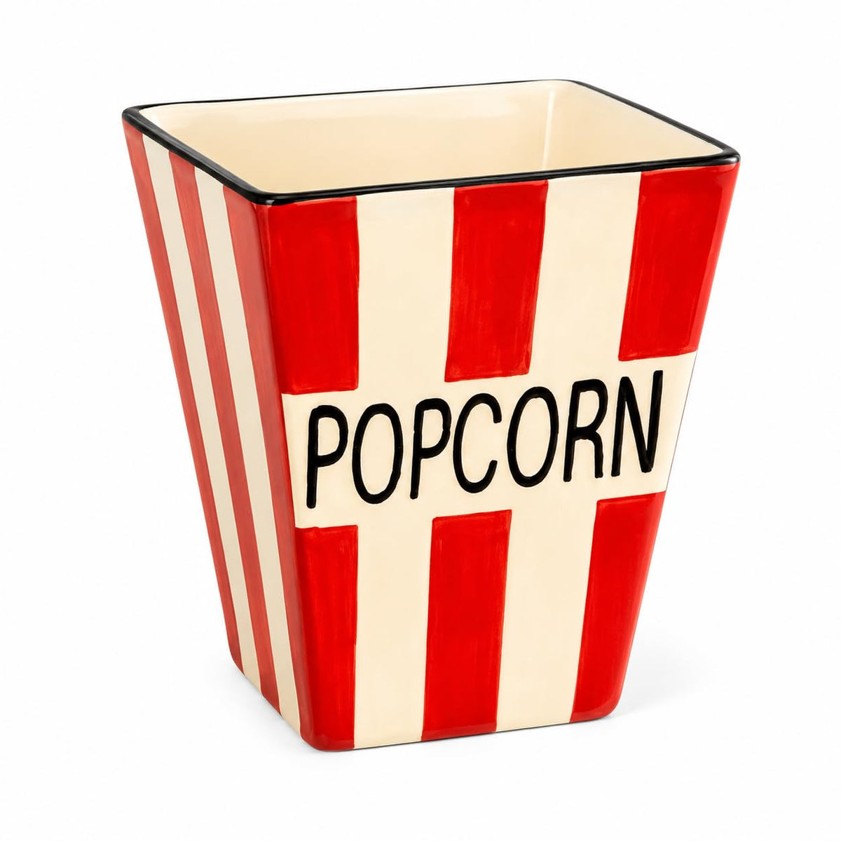Ocean Store Classic Cinema Popcorn Bucket, Hand-Painted Ceramic Snack Bowl, Red & White Striped Movie Night Serving Basket, 5.5 x 7 Inch