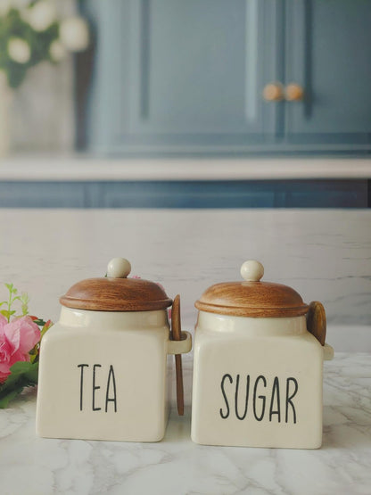 OCEAN STORE Ceramic Storage Canister with Wooden Lid, Cream, 900ml, Handcrafted Airtight Container with Screw-in Lid and Spoon Holder, Food Safe, Microwave Safe, BPA Free (1, Coffee)