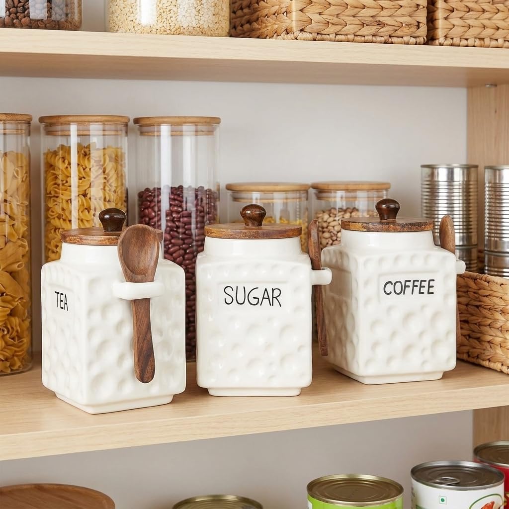 OCEAN STORE Ceramic Dotted Jar Set of 3 with Wooden Lids & Spoons - Airtight Kitchen Storage Canisters for (Sugar + Salt + Coffee)