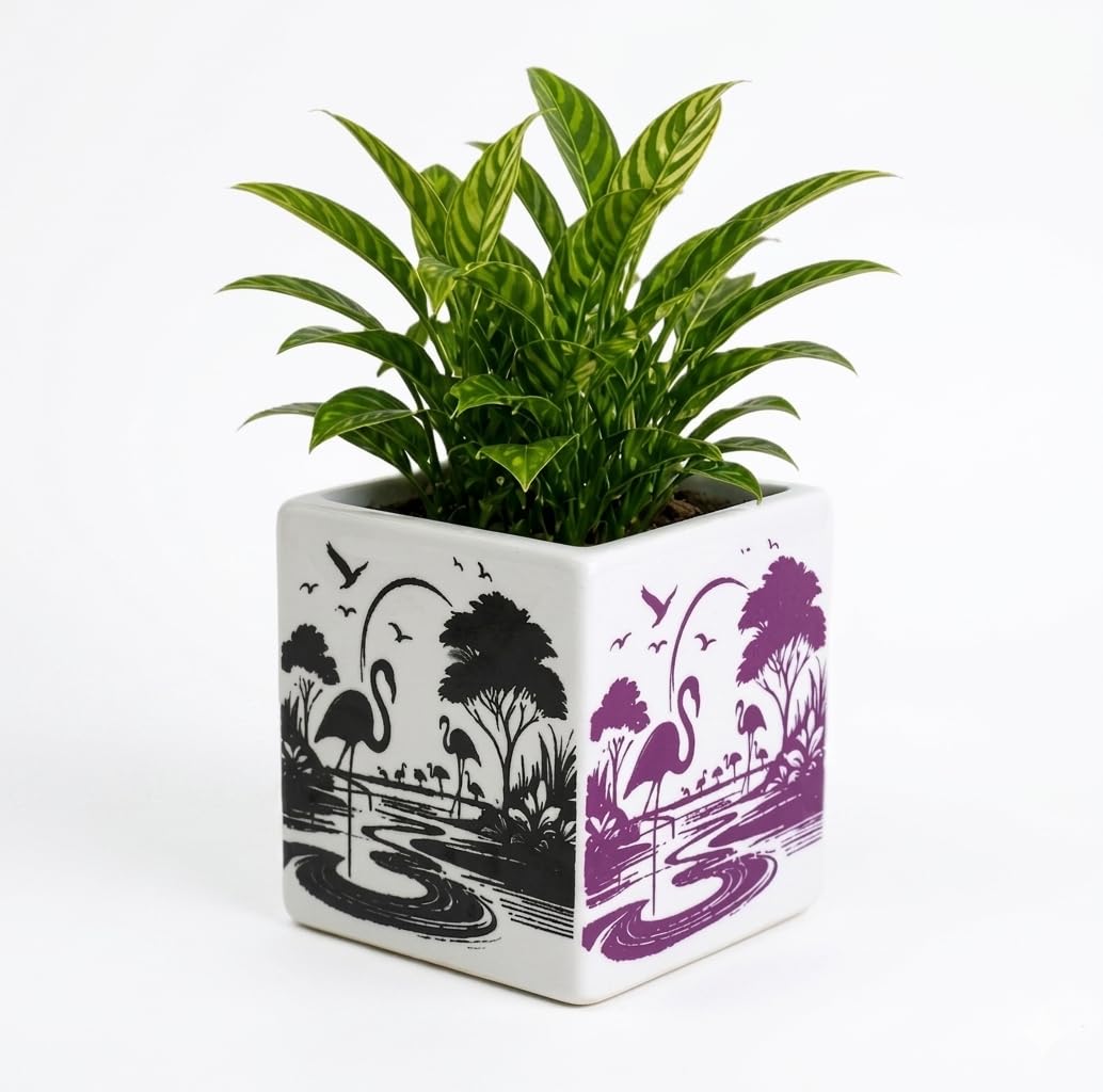 OCEAN STORE Ceramic Square Flower Pot - 10cm Flamingo Design Planter with Drainage Hole for Succulents, Herbs, Indoor Home & Office Decor