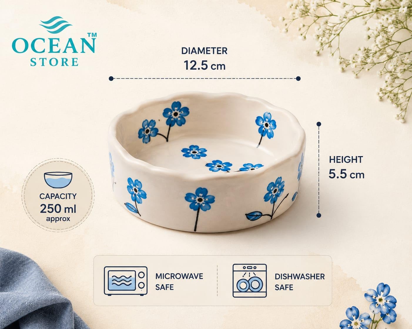 OCEAN STORE Ceramic Hand-Painted Floral Serving Bowl, 250ml, Microwave and Dishwasher Safe, Lead-Free, for Salad, Snack, and Dessert (Botanical Stem, Set of 1)