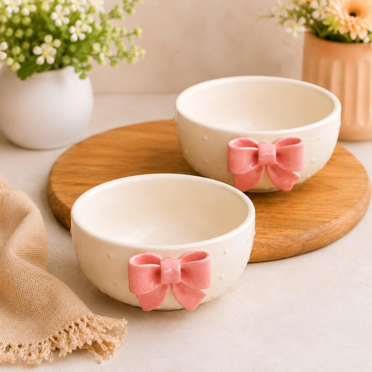 OCEAN STORE Cute Ceramic Bowl with Bow Accent, 250ml Hand-Painted Polka Dot Multipurpose Serving Bowl for Ice Cream, Soup, Snacks, and Noodles (Pink Bow, Set of 1)