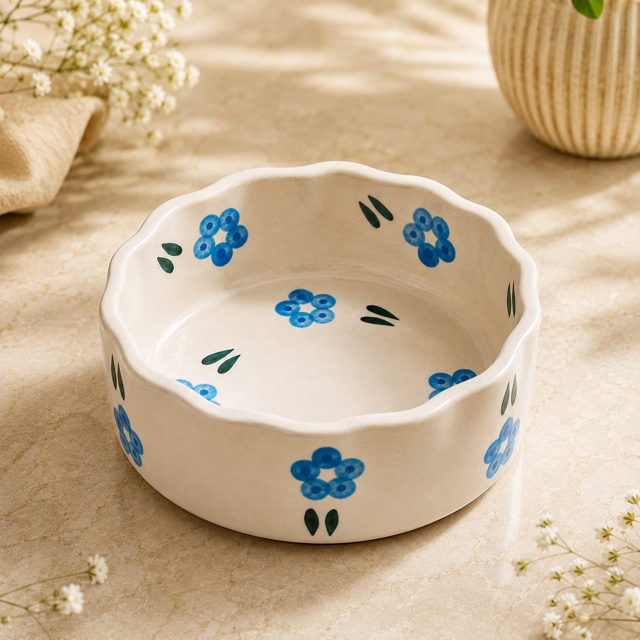 OCEAN STORE Ceramic Hand-Painted Floral Serving Bowl, 250ml, Microwave and Dishwasher Safe, Lead-Free, for Salad, Snack, and Dessert (Botanical Stem, Set of 1)