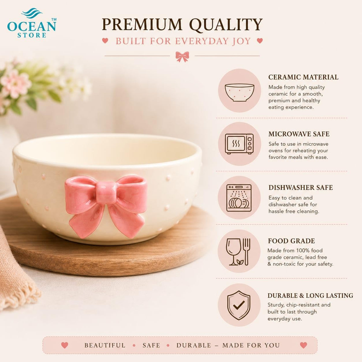 OCEAN STORE Cute Ceramic Bowl with Bow Accent, 250ml Hand-Painted Polka Dot Multipurpose Serving Bowl for Ice Cream, Soup, Snacks, and Noodles (Pink Bow, Set of 1)