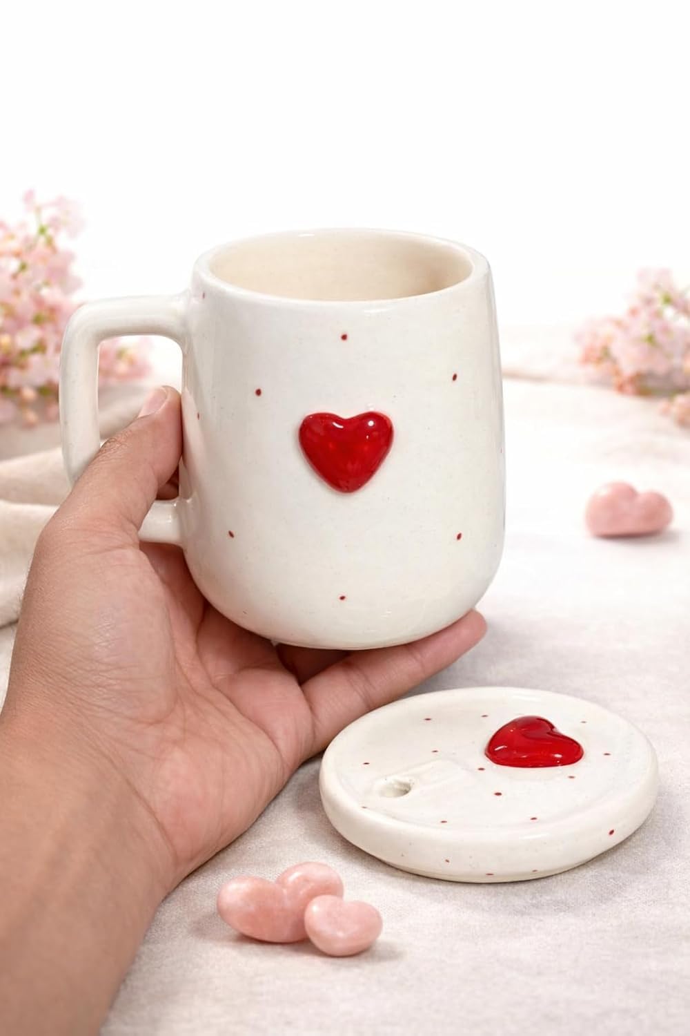 OCEAN STORE Ceramic Coffee Mug with Lid and Stainless Steel Straw (450ml) – Handcrafted 3D Heart Embossed Reusable Tumbler for Tea, Coffee, and Milk (Pack of 1) (Pack of 1)
