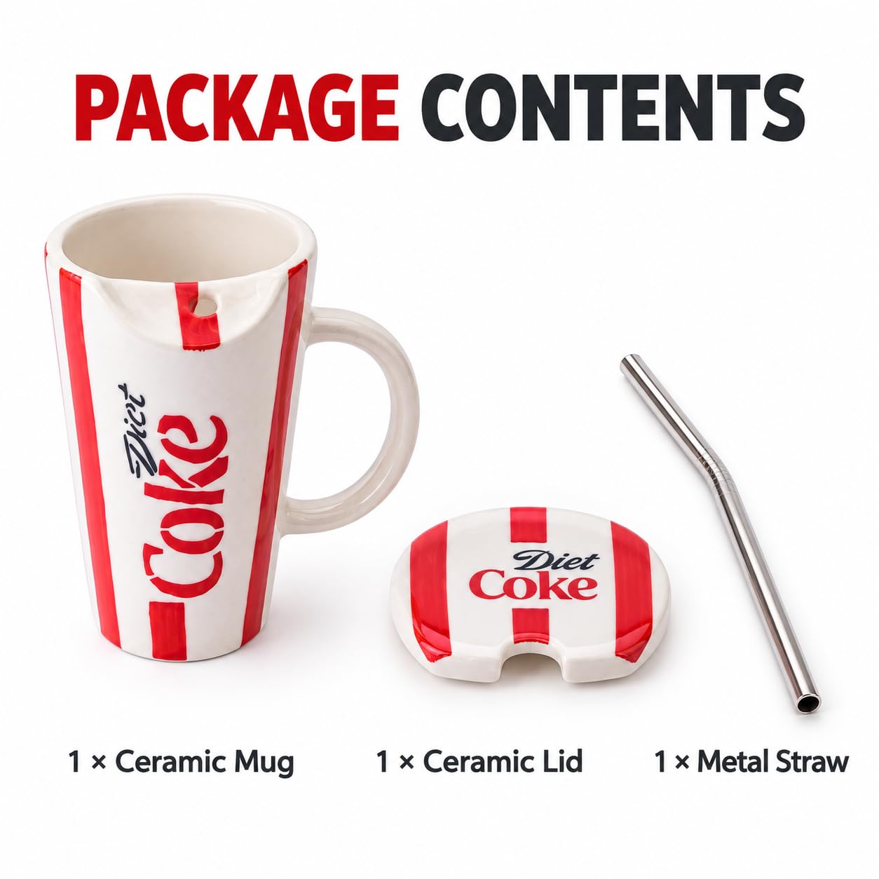 OCEAN STORE Ceramic Sipper Mug with Lid and Steel Straw, 400 ml, Red and White Striped Drinking Cup with Handle for Home and Office, Set of 1