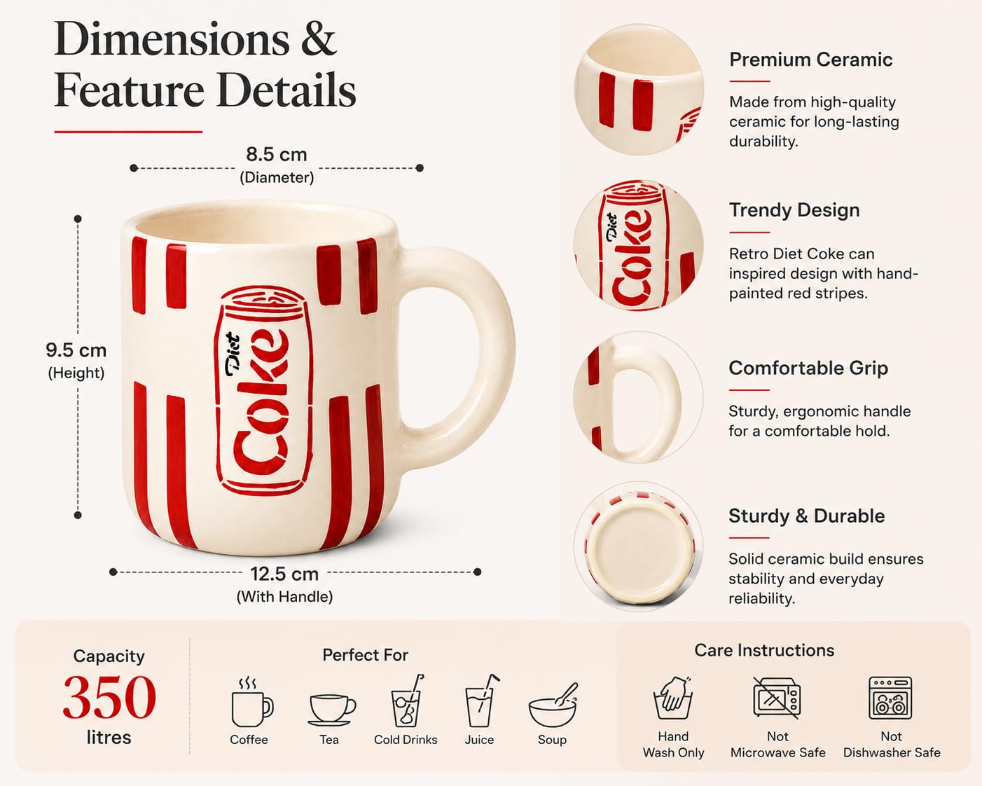 OCEAN STORE Handmade Diet Coke Ceramic Coffee Mug, 350 ml, Retro Soda Can Inspired Design, Glossy Finish, Tea & Coffee Cup for Home & Office (Set of 1)