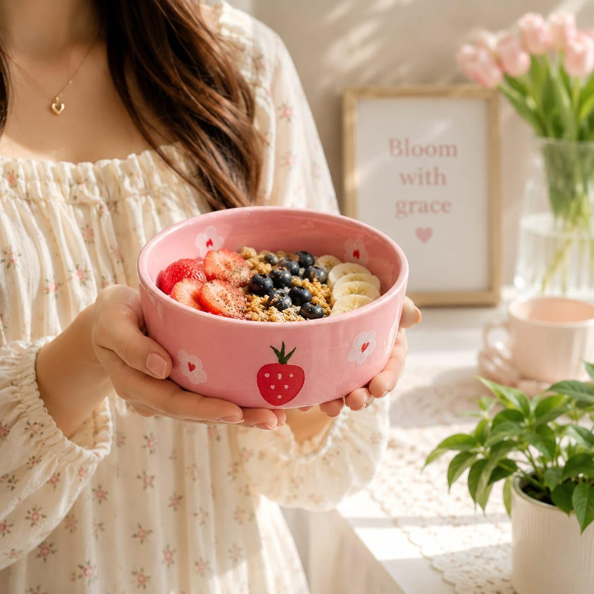 Ocean Store Pink Strawberry Ceramic Bowl, 250ml | Hand-Painted