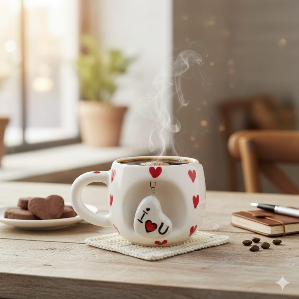 OCEAN STORE Ceramic Coffee Mug 350ml with 3D Hanging Heart Pendant, Hand-Painted Heart Patterns, Speckled Finish, Dangling Charm (1, White & Red)