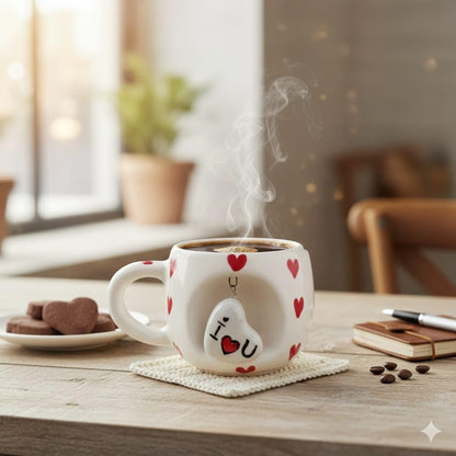OCEAN STORE Ceramic Coffee Mug 350ml with 3D Hanging Heart Pendant, Hand-Painted Heart Patterns, Speckled Finish, Dangling Charm (1, White & Red)