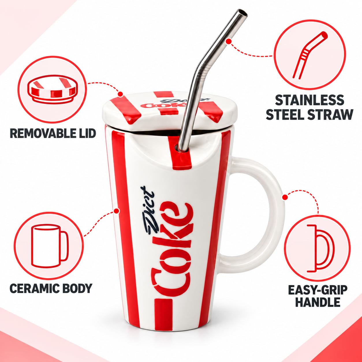 OCEAN STORE Ceramic Sipper Mug with Lid and Steel Straw, 400 ml, Red and White Striped Drinking Cup with Handle for Home and Office, Set of 1