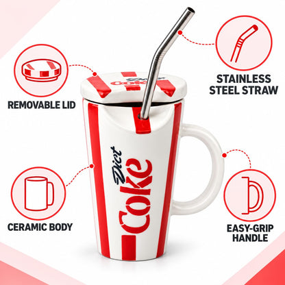 OCEAN STORE Ceramic Sipper Mug with Lid and Steel Straw, 400 ml, Red and White Striped Drinking Cup with Handle for Home and Office, Set of 1