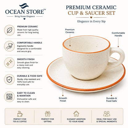 OCEAN STORE Ceramic Natural White Dotted Tea Cup and Saucer | 75 ML Capacity | Durable Stoneware for Espresso, Tea, and Herbal Infusions | Microwave & Dishwasher Safe, Antique Style (2)