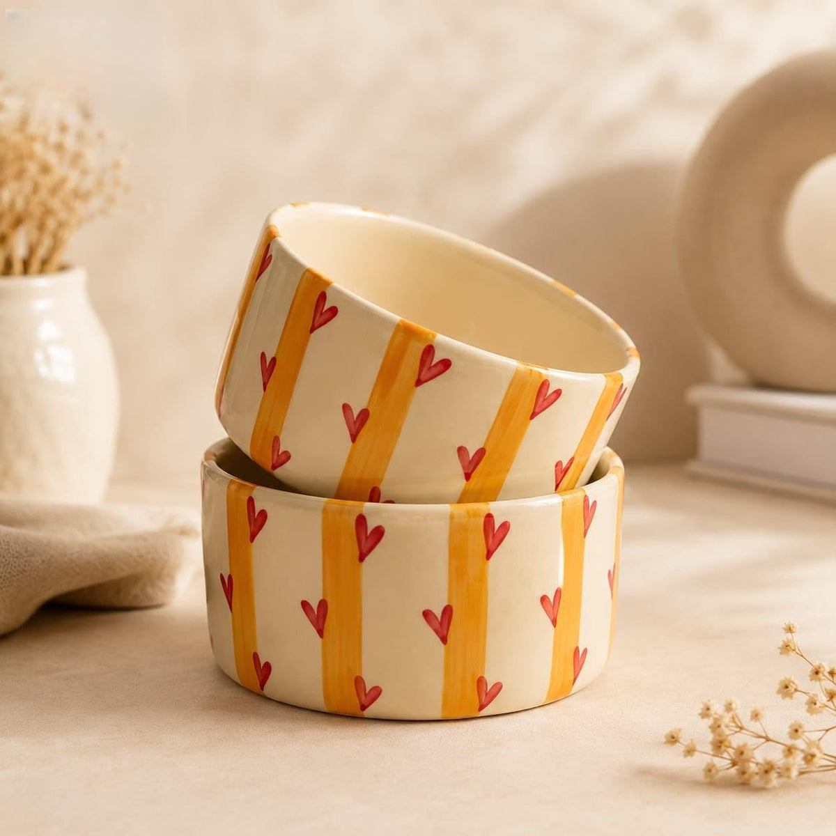 OCEAN STORE Hand-Painted Premium Ceramic Bowl | Yellow Stripes with Red Hearts | 250ml Microwave & Dishwasher Safe Small Round Serving Bowl for Snacks, Fruits & Desserts (Set of 1)