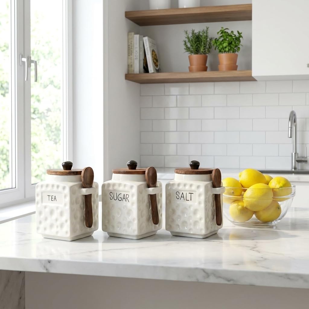 OCEAN STORE Ceramic Dotted Jar Set of 3 with Wooden Lids & Spoons - Airtight Kitchen Storage Canisters for (Sugar + Salt + Coffee)