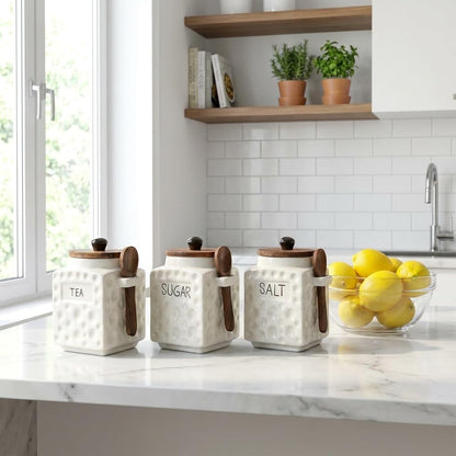 OCEAN STORE Ceramic Dotted Jar Set of 3 with Wooden Lids & Spoons - Airtight Kitchen Storage Canisters for (Sugar + Salt + Coffee)