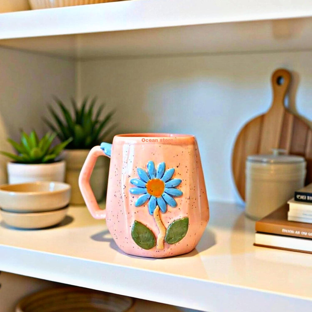 OCEAN STORE Ceramic Hexagonal Flower 240ml Coffee Mug – 3D Floral Design, Aesthetic Hand-Painted Tea Cup for Home & Office, Unique Gift for Women & Girls (Light Green)