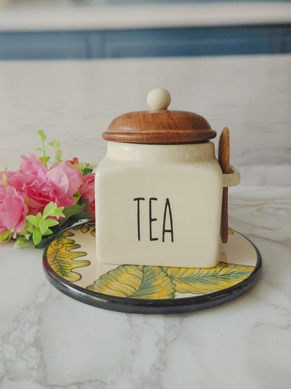 OCEAN STORE Ceramic Storage Canister with Wooden Lid, Cream, 900ml, Handcrafted Airtight Container with Screw-in Lid and Spoon Holder, Food Safe, Microwave Safe, BPA Free (1, Coffee)