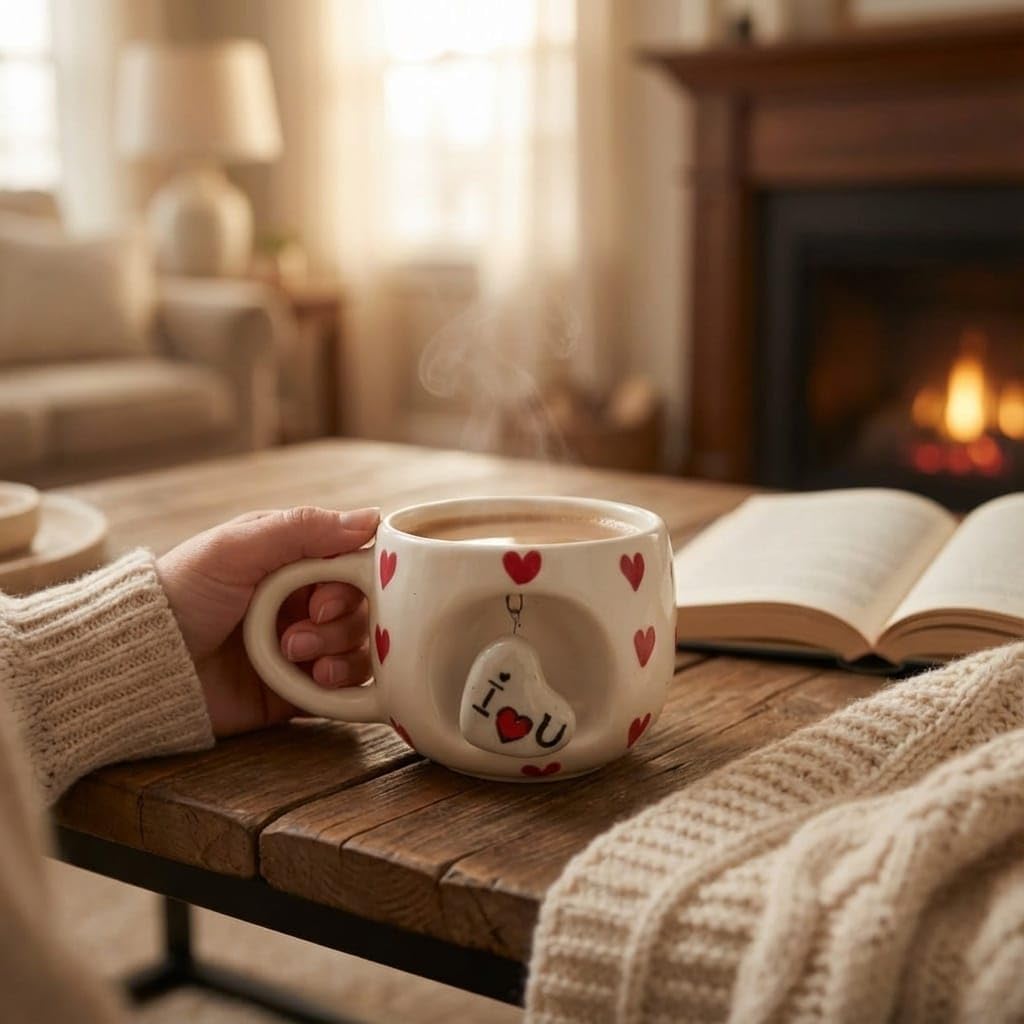 OCEAN STORE Ceramic Coffee Mug 350ml with 3D Hanging Heart Pendant, Hand-Painted Heart Patterns, Speckled Finish, Dangling Charm (1, White & Red)