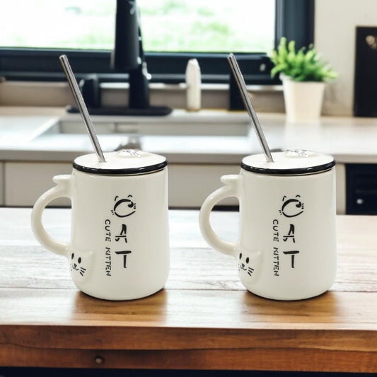 OCEAN STORE Ceramic Tumbler Mug with Lid and Stainless Steel Straw, White, 450ml, Cute Kitten Design, for Hot and Cold Drinks (Pack of 1) (Pack of 1)