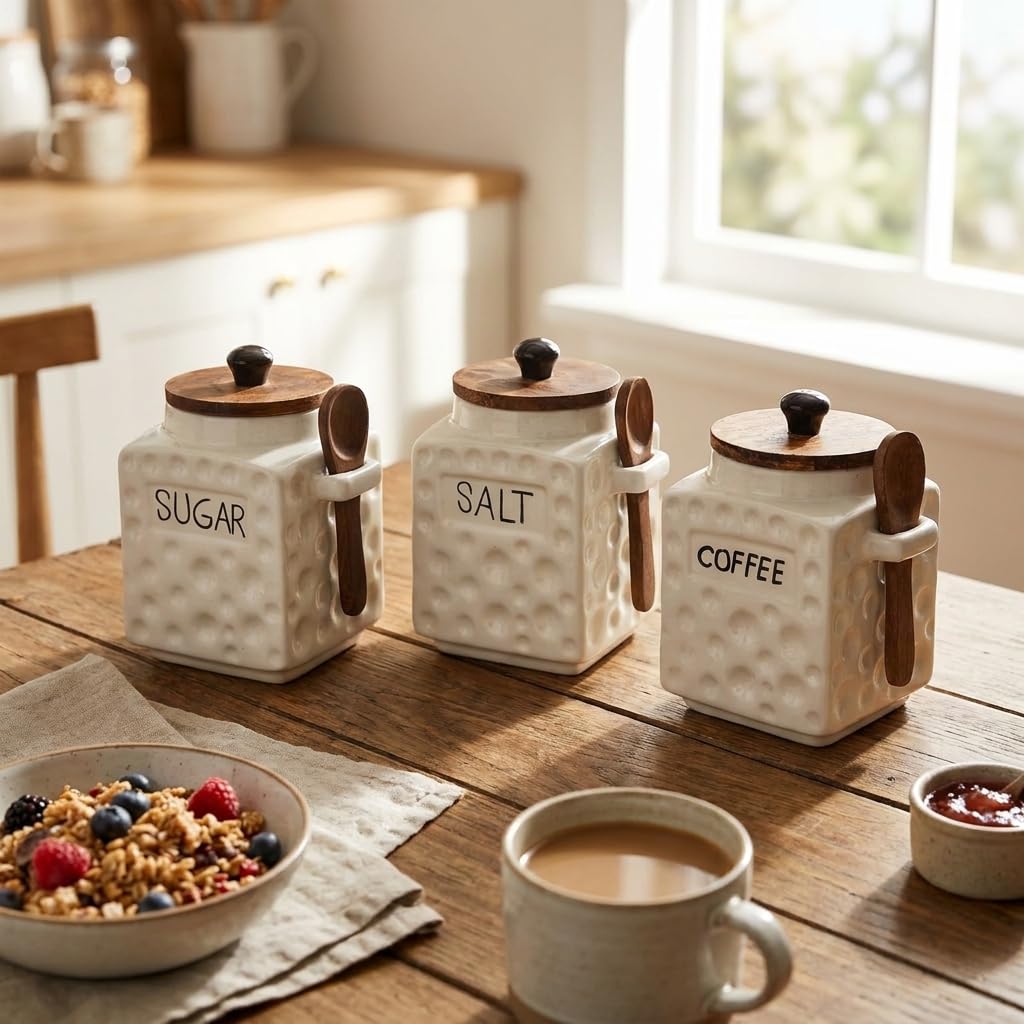 OCEAN STORE Ceramic Dotted Jar Set of 3 with Wooden Lids & Spoons - Airtight Kitchen Storage Canisters for (Sugar + Salt + Coffee)