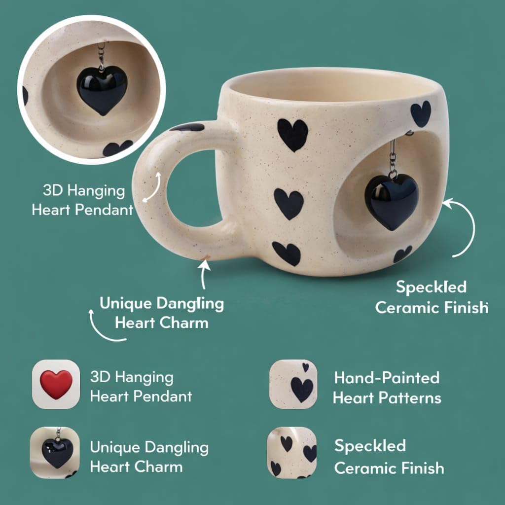 OCEAN STORE Ceramic Coffee Mug 350ml with 3D Hanging Heart Pendant, Hand-Painted Heart Patterns, Speckled Finish, Dangling Charm (1, White & Red)