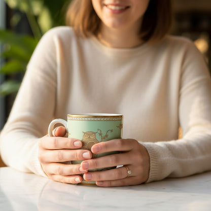 OCEAN STORE Premium Fine Owl Coffee Mug, 180ml Luxury Tea Cup with 24k Gold Detailing, Hand-Painted Finish, Mint Green and Gold (1)