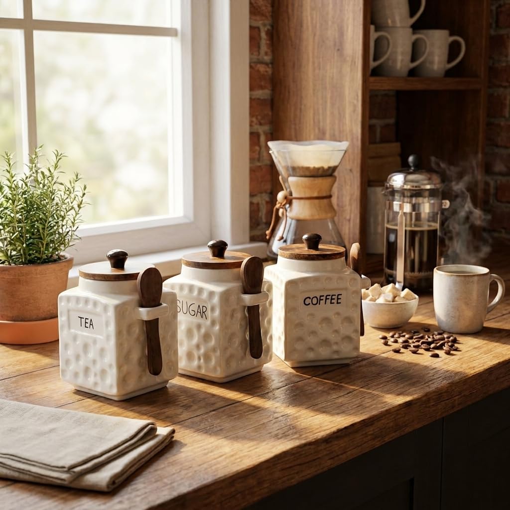 OCEAN STORE Ceramic Dotted Jar Set of 3 with Wooden Lids & Spoons - Airtight Kitchen Storage Canisters for (Sugar + Salt + Coffee)