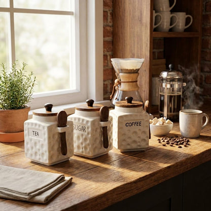 OCEAN STORE Ceramic Dotted Jar Set of 3 with Wooden Lids & Spoons - Airtight Kitchen Storage Canisters for (Sugar + Salt + Coffee)