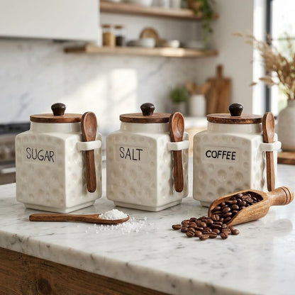 OCEAN STORE Ceramic Dotted Jar Set of 3 with Wooden Lids & Spoons - Airtight Kitchen Storage Canisters for (Sugar + Salt + Coffee)