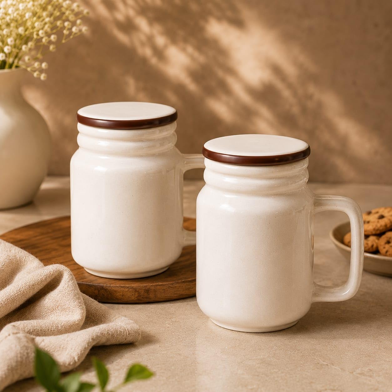 OCEAN STORE Ceramic Matte Mug with Secure Fit Lid & Stainless Steel Straw | 300 ml Jar Mug for Coffee, Tea & Cold Drinks | Microwave & Dishwasher Safe (Set of 1)