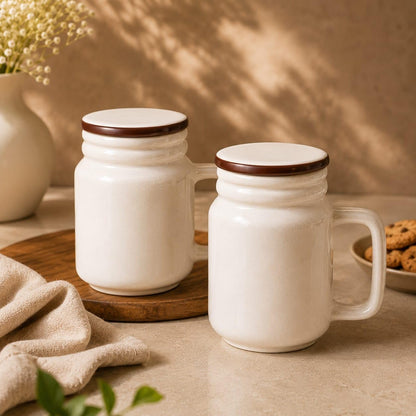 OCEAN STORE Ceramic Matte Mug with Secure Fit Lid & Stainless Steel Straw | 300 ml Jar Mug for Coffee, Tea & Cold Drinks | Microwave & Dishwasher Safe (Set of 1)