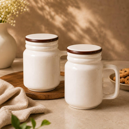 OCEAN STORE Ceramic Matte Mug with Secure Fit Lid & Stainless Steel Straw | 300 ml Jar Mug for Coffee, Tea & Cold Drinks | Microwave & Dishwasher Safe (Set of 1)