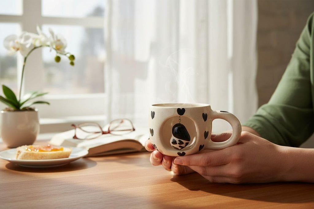 OCEAN STORE Ceramic Coffee Mug 350ml with 3D Hanging Heart Pendant, Hand-Painted Heart Patterns, Speckled Finish, Dangling Charm (1, White & Red)