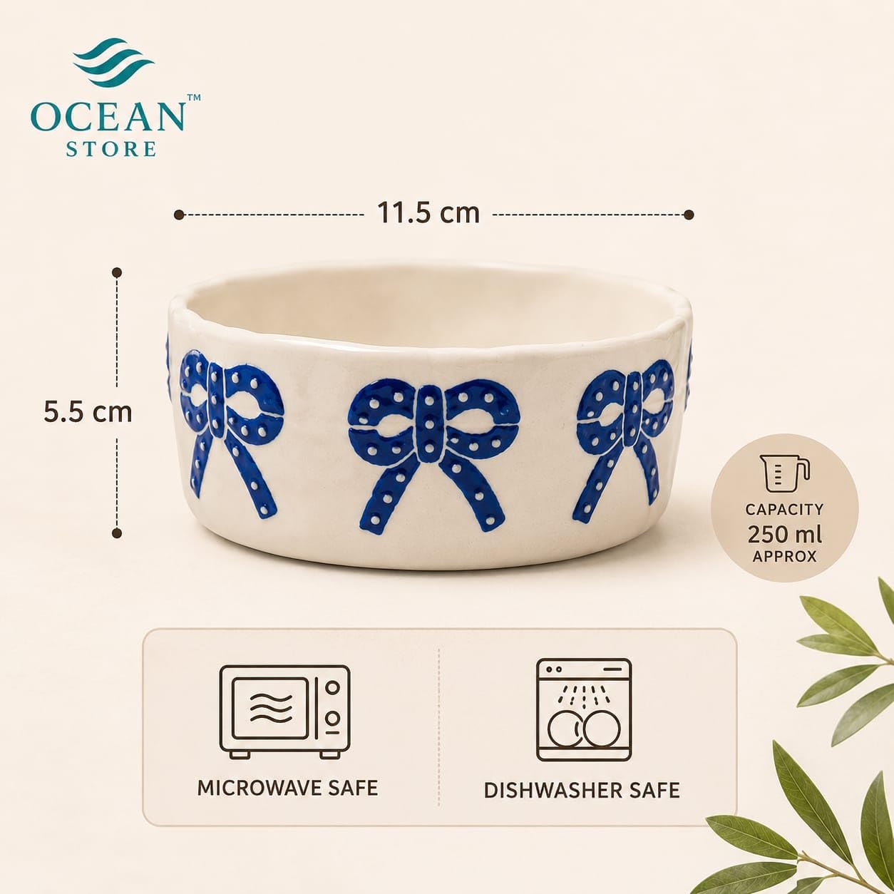 OCEAN STORE Ceramic Ribbon Bowl 250ml | Cute Hand-Painted Ribbon Bow Tie Snack and Serving Bowl | Microwave and Dishwasher Safe Ceramic Bowl (Blue Ribbon, Set of 1)