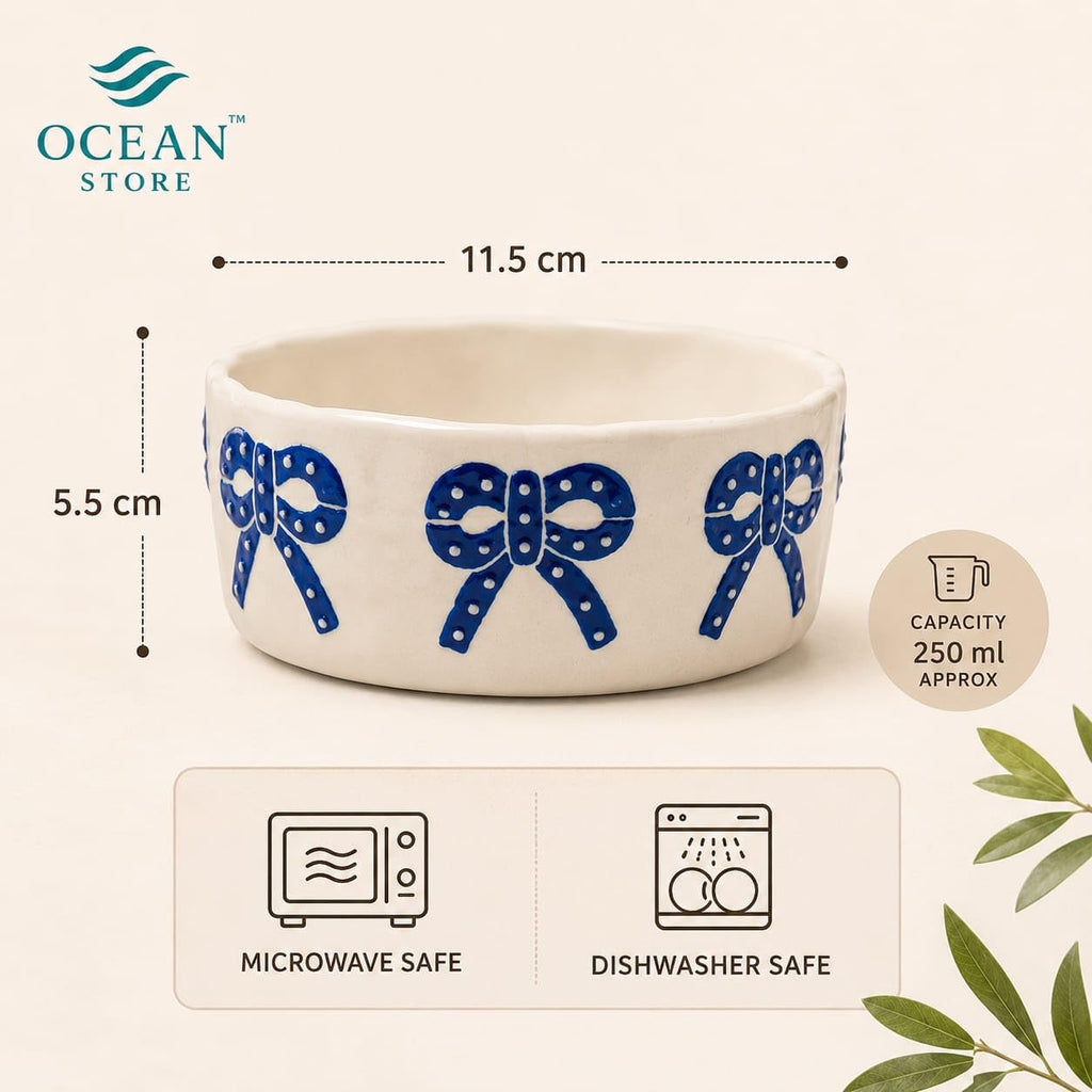 OCEAN STORE Ceramic Ribbon Bowl 250ml | Cute Hand-Painted Ribbon Bow Tie Snack and Serving Bowl | Microwave and Dishwasher Safe Ceramic Bowl (Blue Ribbon, Set of 1)