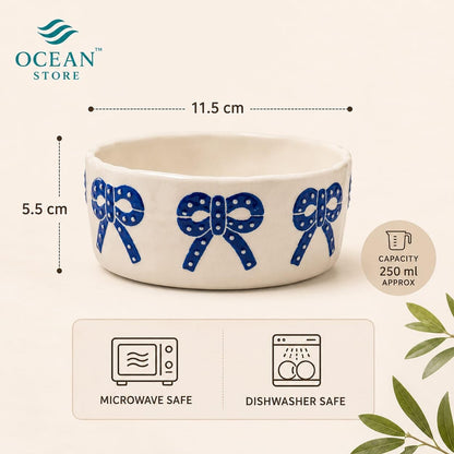 OCEAN STORE Ceramic Ribbon Bowl 250ml | Cute Hand-Painted Ribbon Bow Tie Snack and Serving Bowl | Microwave and Dishwasher Safe Ceramic Bowl (Blue Ribbon, Set of 1)
