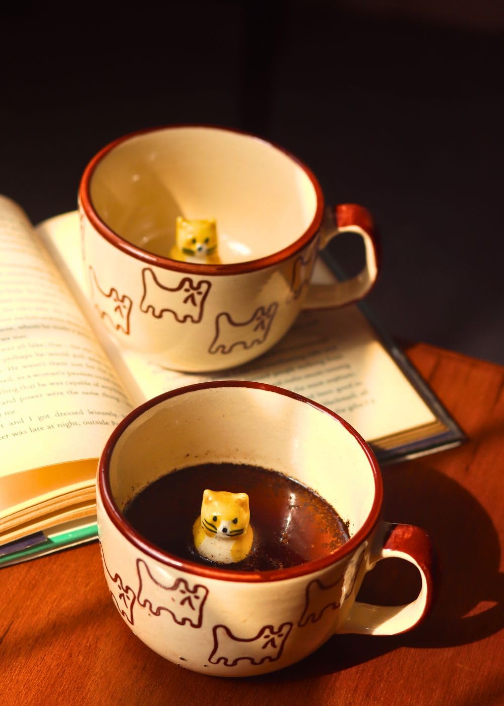 OCEAN STORE Large Cute Cat Surprise Ceramic Coffee Mug/Tea Cup - 3D Hidden Animal Figurine Inside | Microwave & Dishwasher Safe, Lead-Free | Perfect for Gifting (Cream/Brown) (1, 280ml Capacity)