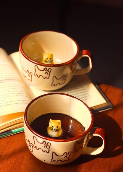 OCEAN STORE Large Cute Cat Surprise Ceramic Coffee Mug/Tea Cup - 3D Hidden Animal Figurine Inside | Microwave & Dishwasher Safe, Lead-Free | Perfect for Gifting (Cream/Brown) (1, 280ml Capacity)