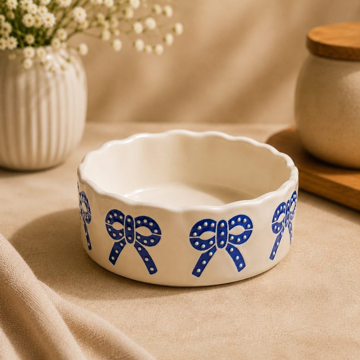 OCEAN STORE Ceramic Ribbon Bowl 250ml | Cute Hand-Painted Ribbon Bow Tie Snack and Serving Bowl | Microwave and Dishwasher Safe Ceramic Bowl (Blue Ribbon, Set of 1)