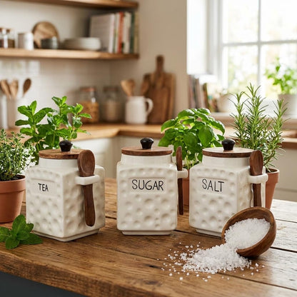 OCEAN STORE Ceramic Dotted Jar Set of 3 with Wooden Lids & Spoons - Airtight Kitchen Storage Canisters for (Sugar + Salt + Coffee)