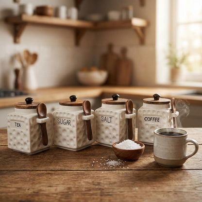 OCEAN STORE Ceramic Dotted Jar Set of 3 with Wooden Lids & Spoons - Airtight Kitchen Storage Canisters for (Sugar + Salt + Coffee)