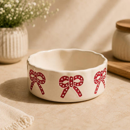 OCEAN STORE Ceramic Ribbon Bowl 250ml | Cute Hand-Painted Ribbon Bow Tie Snack and Serving Bowl | Microwave and Dishwasher Safe Ceramic Bowl (Blue Ribbon, Set of 1)