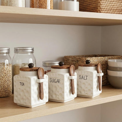 OCEAN STORE Ceramic Dotted Jar Set of 3 with Wooden Lids & Spoons - Airtight Kitchen Storage Canisters for (Sugar + Salt + Coffee)