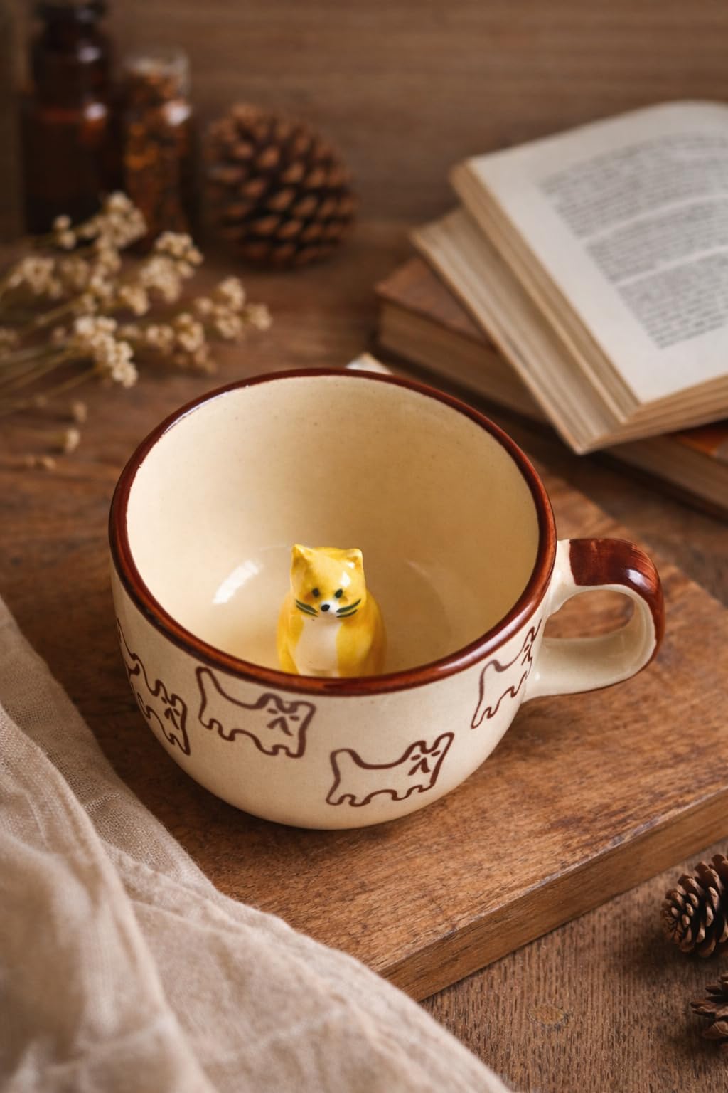 OCEAN STORE Large Cute Cat Surprise Ceramic Coffee Mug/Tea Cup - 3D Hidden Animal Figurine Inside | Microwave & Dishwasher Safe, Lead-Free | Perfect for Gifting (Cream/Brown) (1, 280ml Capacity)