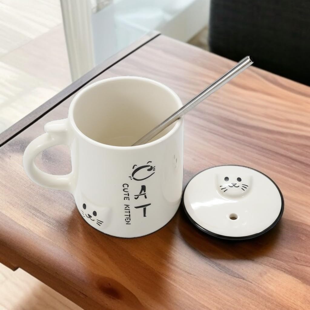 OCEAN STORE Ceramic Tumbler Mug with Lid and Stainless Steel Straw, White, 450ml, Cute Kitten Design, for Hot and Cold Drinks (Pack of 1) (Pack of 1)