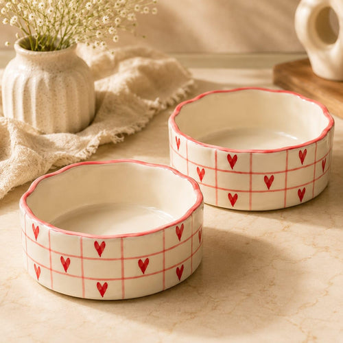 OCEAN STORE Ceramic Bowl with Red Heart Grid Pattern 250ml | Wavy Rim Cute Serving Bowl for Breakfast, Cereal, Salad, Fruits | Microwave & Oven Safe (Set of 2)